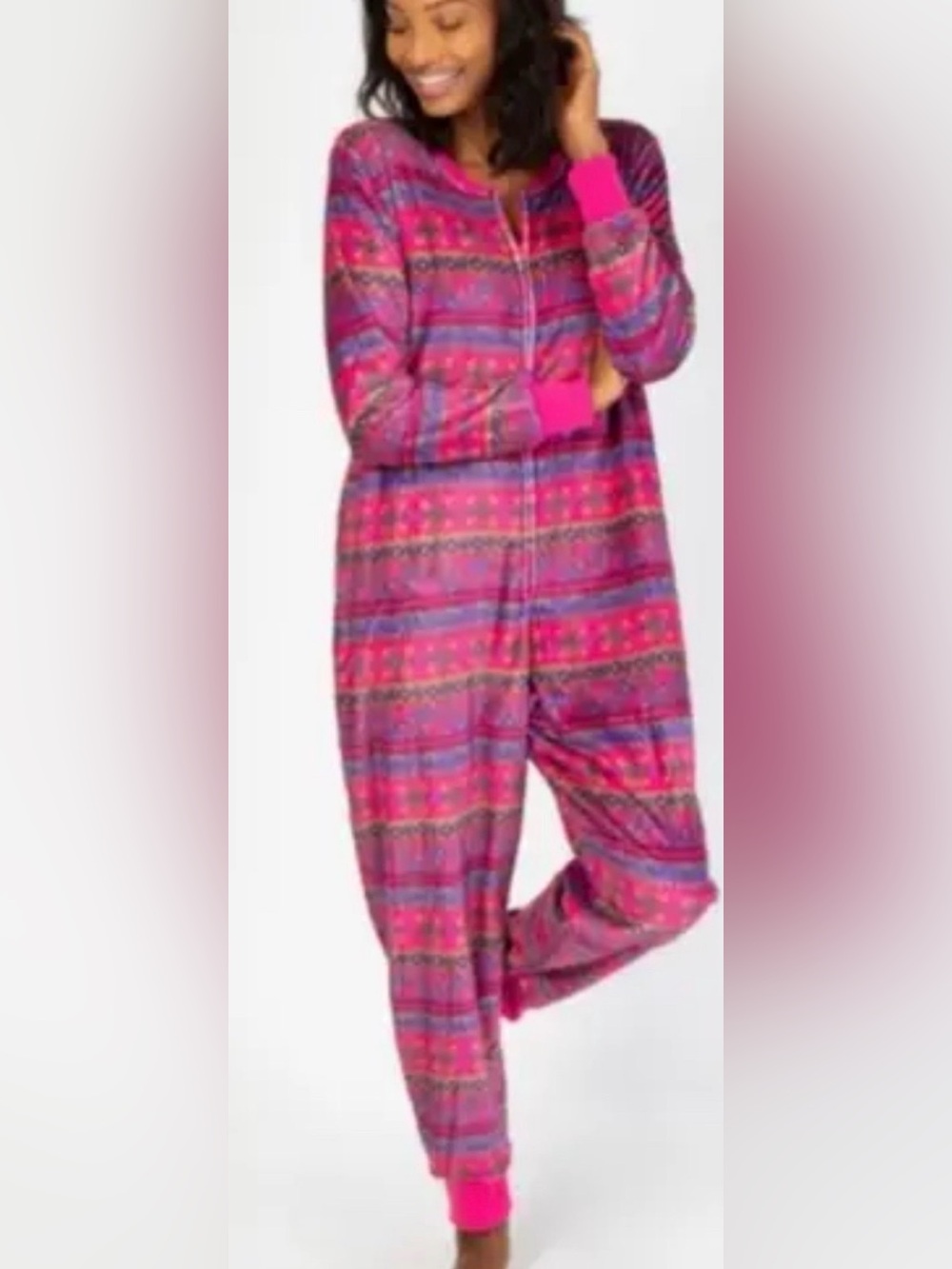 Like New Natural slide Pink Patterned One-Piece Pajamas Zip-Up Size XS/S